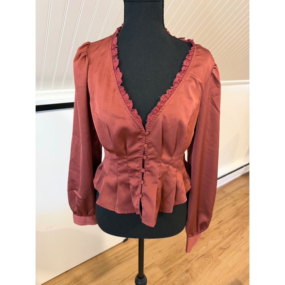 Forever 21 Red Rust Satin Lace Blouse Corset Top Size M Autumn Dark Academia